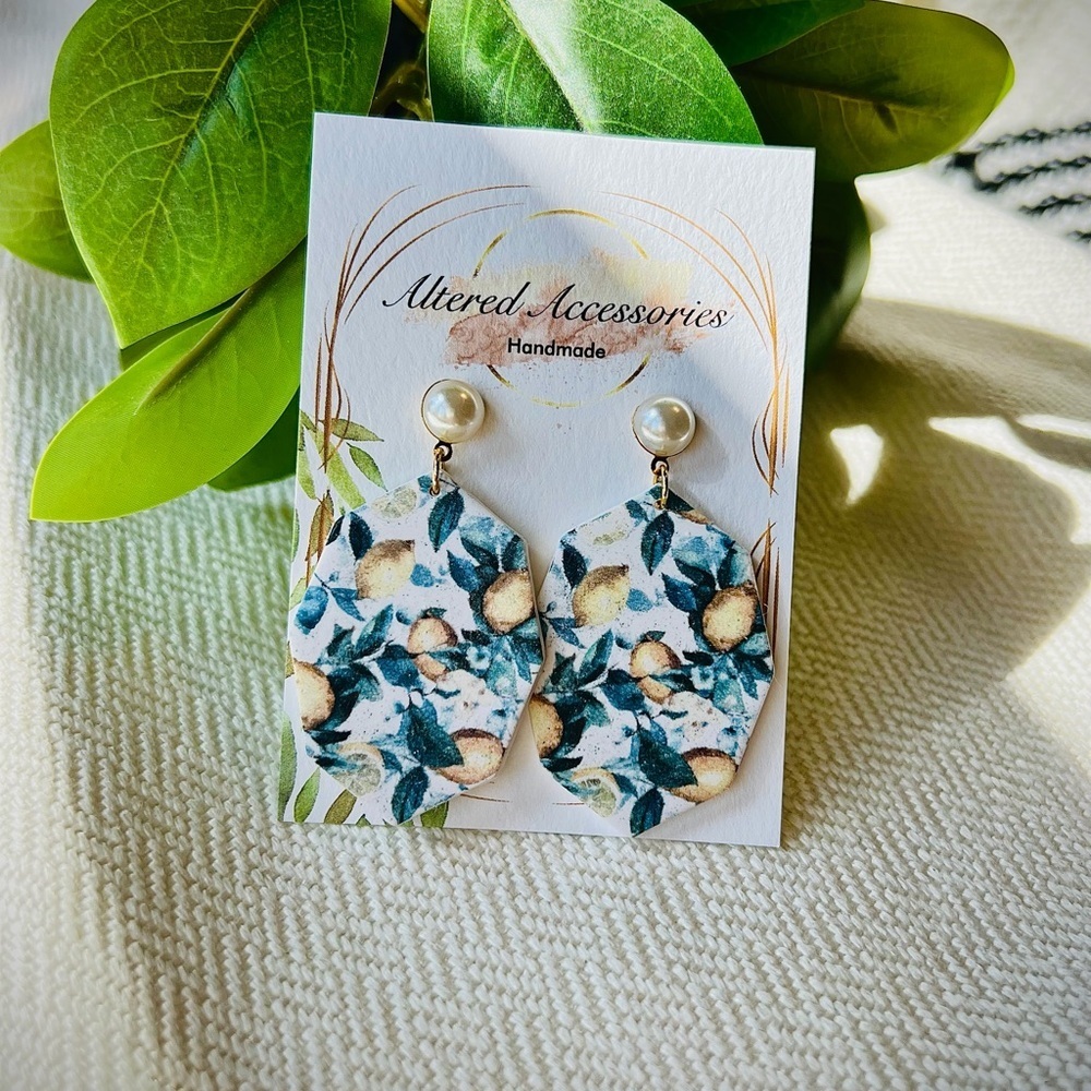 2/$30 Handmade Lemon Print Pearl Stud Earrings